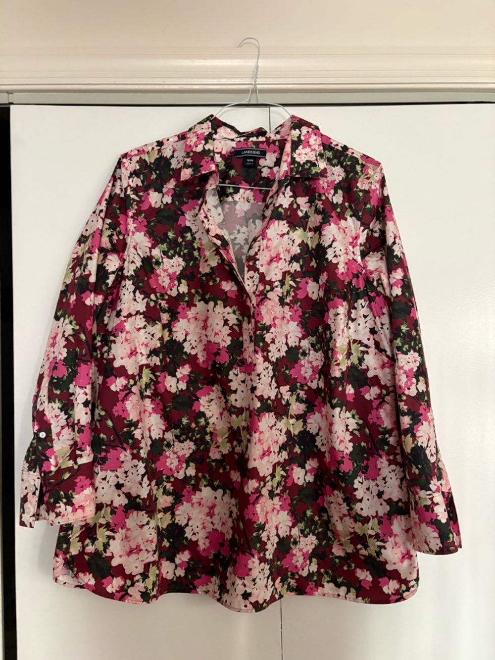 Lands' End burgundy and pink Floral Button-Up Tunic